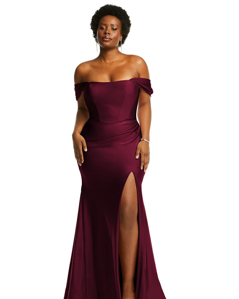 Front of a model wearing a size XL Off-the-Shoulder Corset Stretch Satin Mermaid Dress with Slight Train in Cabernet by Cynthia & Sahar. | dia_product_style_image_id:267056